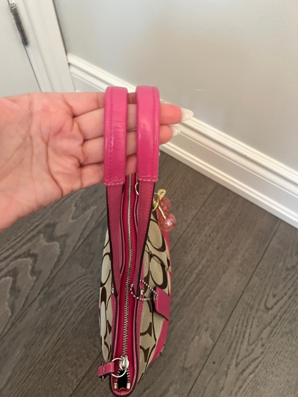 Coach Brown Logo Tote with Pink Trim and Cherry Charm - Picture 6 of 10